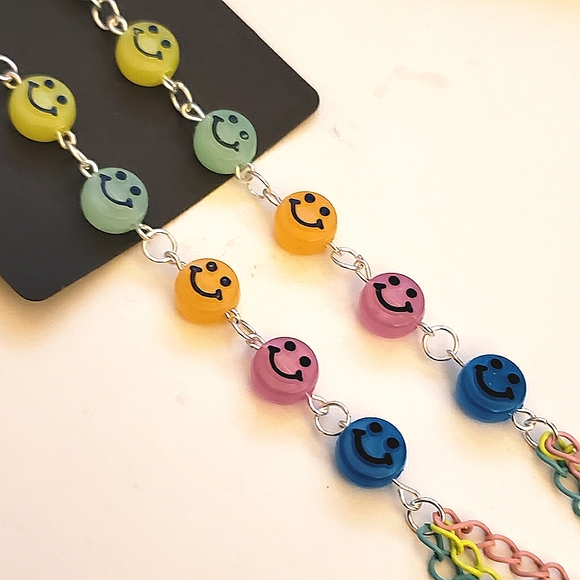 Handmade Long Chain Beaded UV Smiley Face Dangle Earrings - Picture 6 of 10